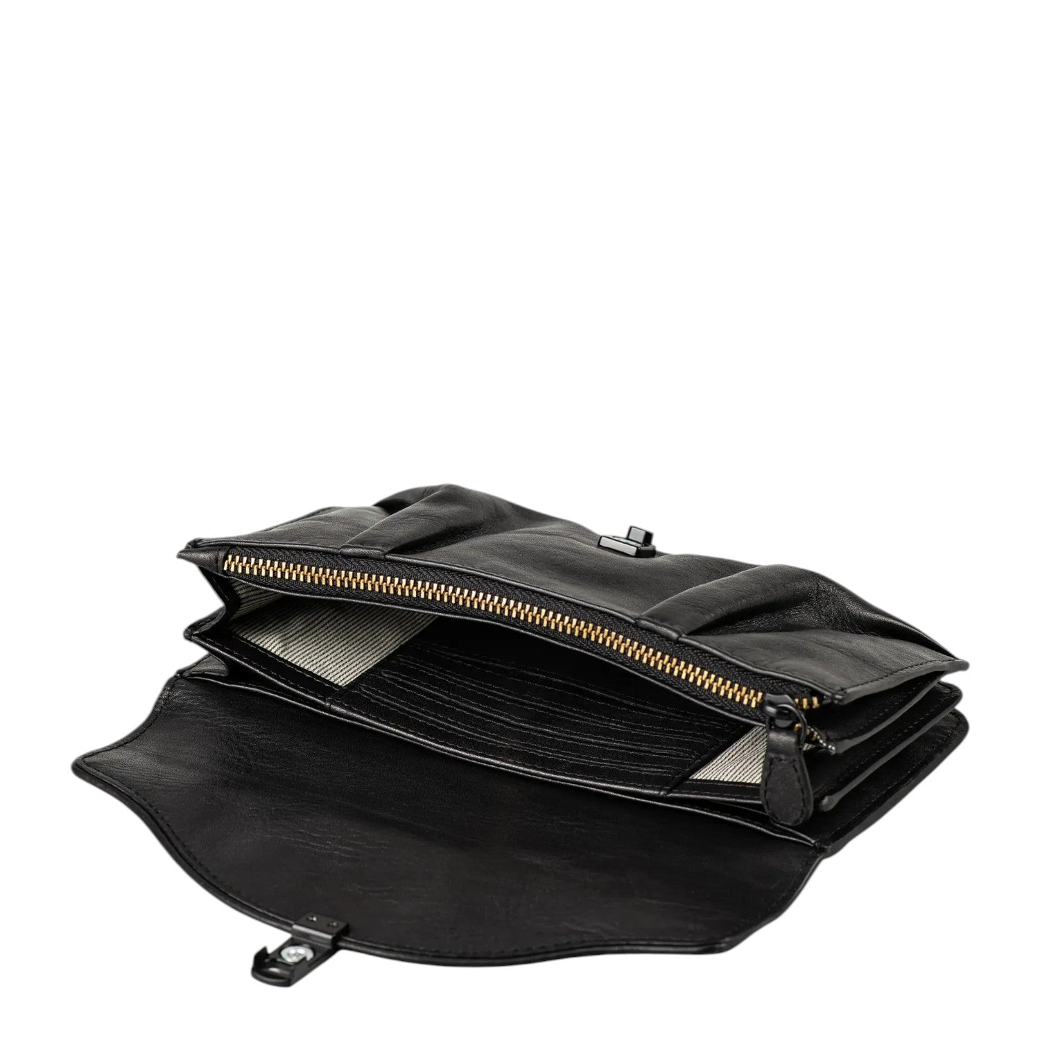 Lieblingstasche Mabel black leather clutch bag with gold zipper and turn-lock closure, open view