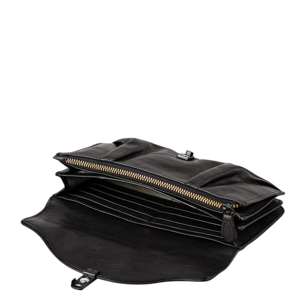 Lieblingstasche Mabel black leather wallet with open compartments, card slots, and gold-tone zipper detail