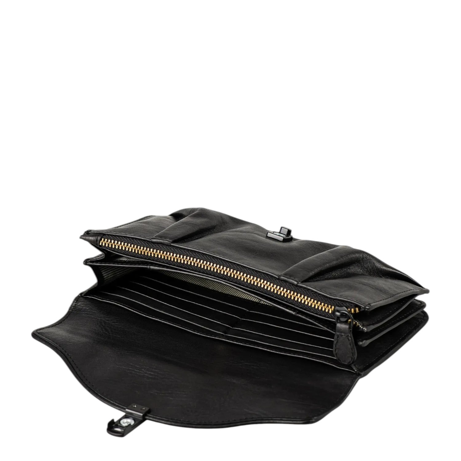 Lieblingstasche Mabel black leather wallet with open compartments, card slots, and gold-tone zipper detail
