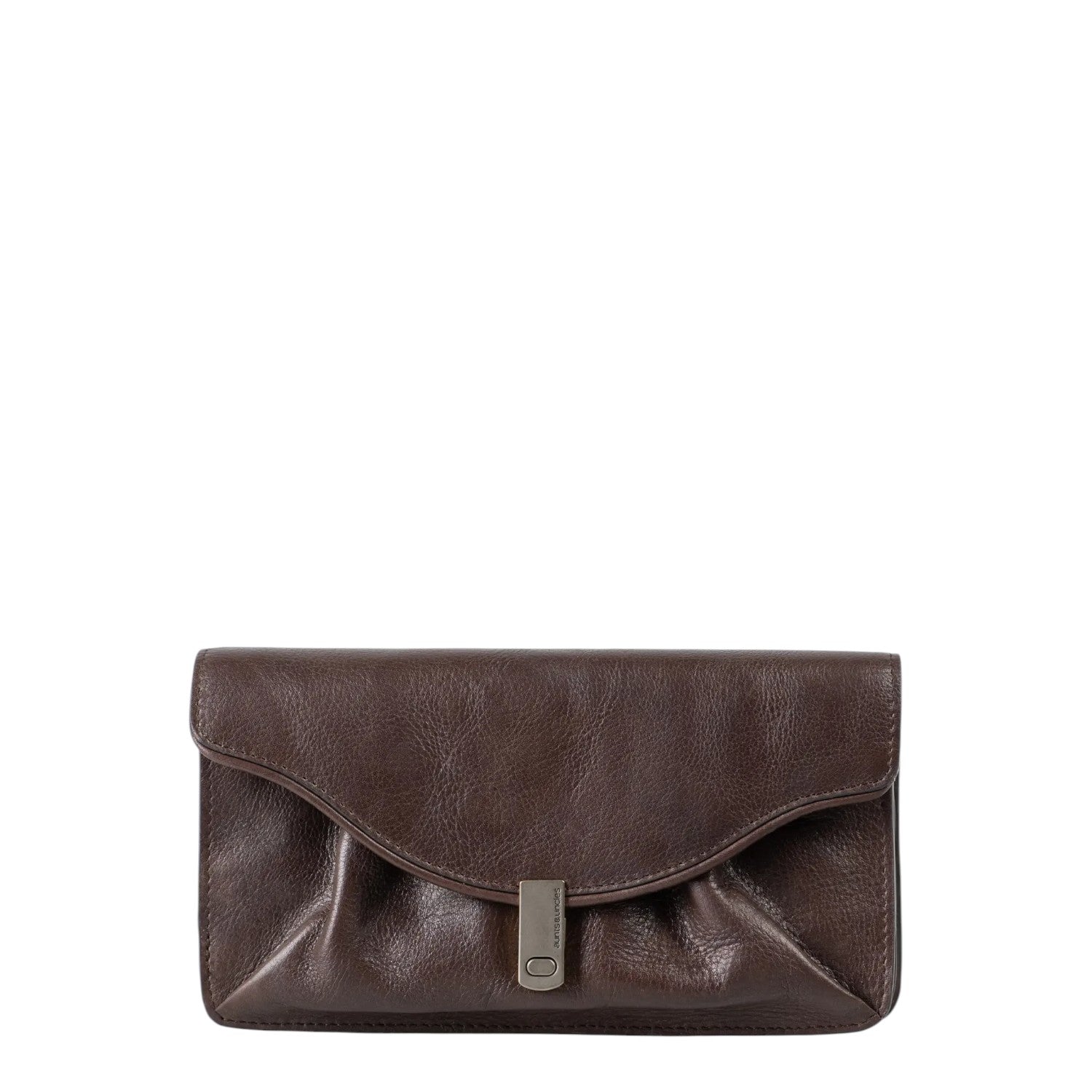 Lieblingstasche Mabel dark brown leather clutch bag with a fold-over flap and silver metal clasp closure