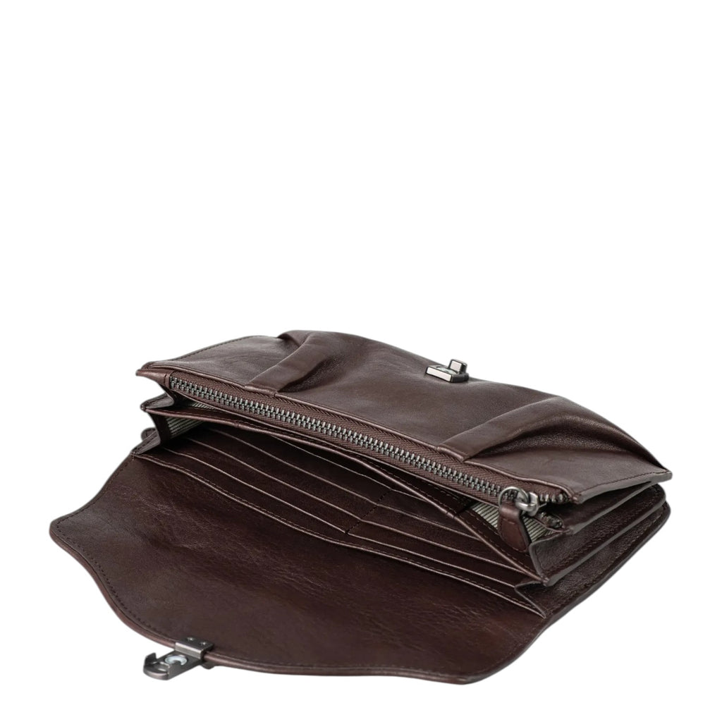 Lieblingstasche Mabel dark brown leather wallet with open interior, multiple card slots, and a secure metal clasp.
