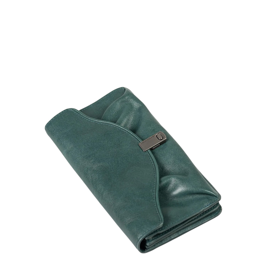 Lieblingstasche Mabel dark green leather wallet with a soft ruched flap and a sleek metal clasp closure