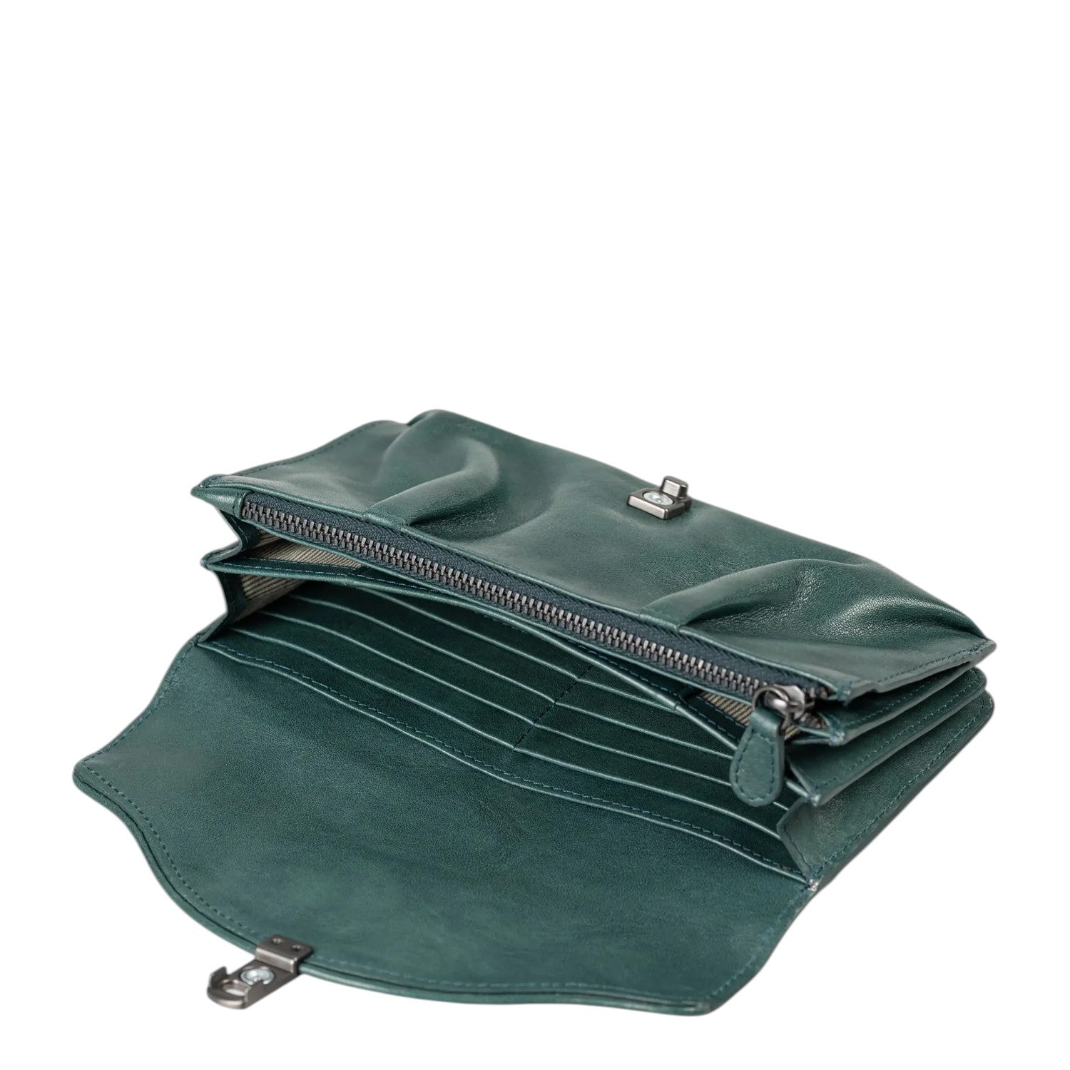 Lieblingstasche Mabel dark green leather wallet with open interior, card slots, and a secure metal clasp closure