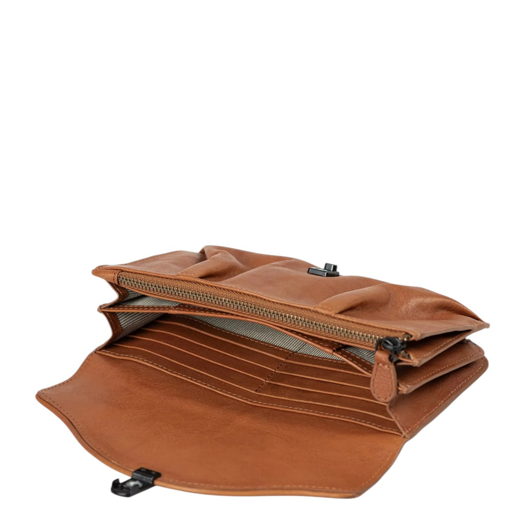 Lieblingstasche Mabel tan leather wallet with multiple card slots, zippered compartment, and fold-over clasp closure.