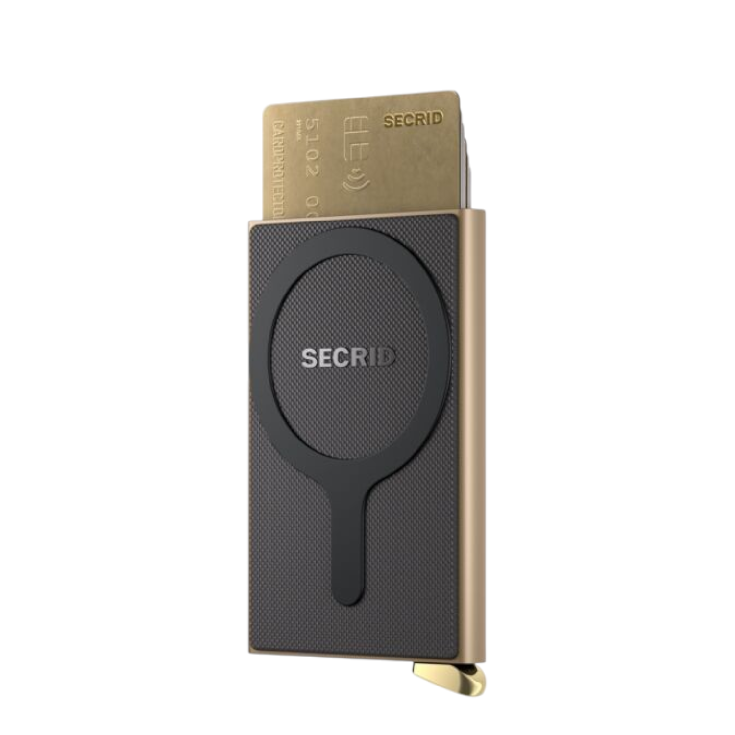 Lieblingstasche Secrid Cardprotector for MagSafe in gold with a black fluted texture and integrated card holder