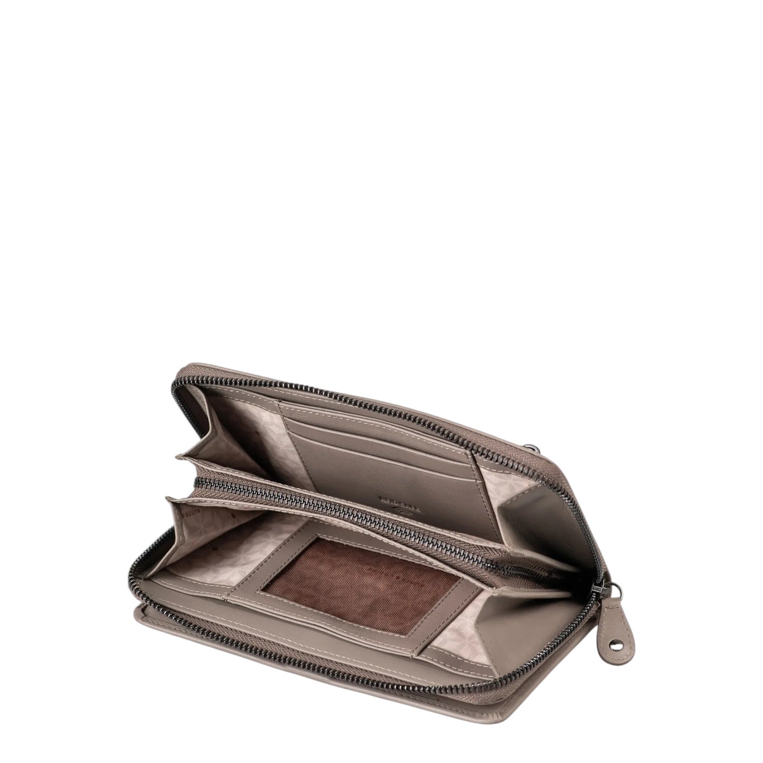 Lieblingstasche Maple taupe leather wallet open with multiple card slots, zip compartments, and a clear ID window.