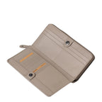 Lieblingstasche Maple wallet in taupe leather, open view showing card slots and snap button closure