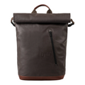 Lieblingstasche Matsuyama dark brown roll-top backpack with a front vertical zipper pocket and leather base detail.