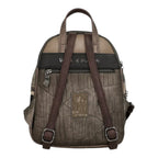 Lieblingstasche metallic bronze backpack with embossed musical instrument patterns and dark brown adjustable straps