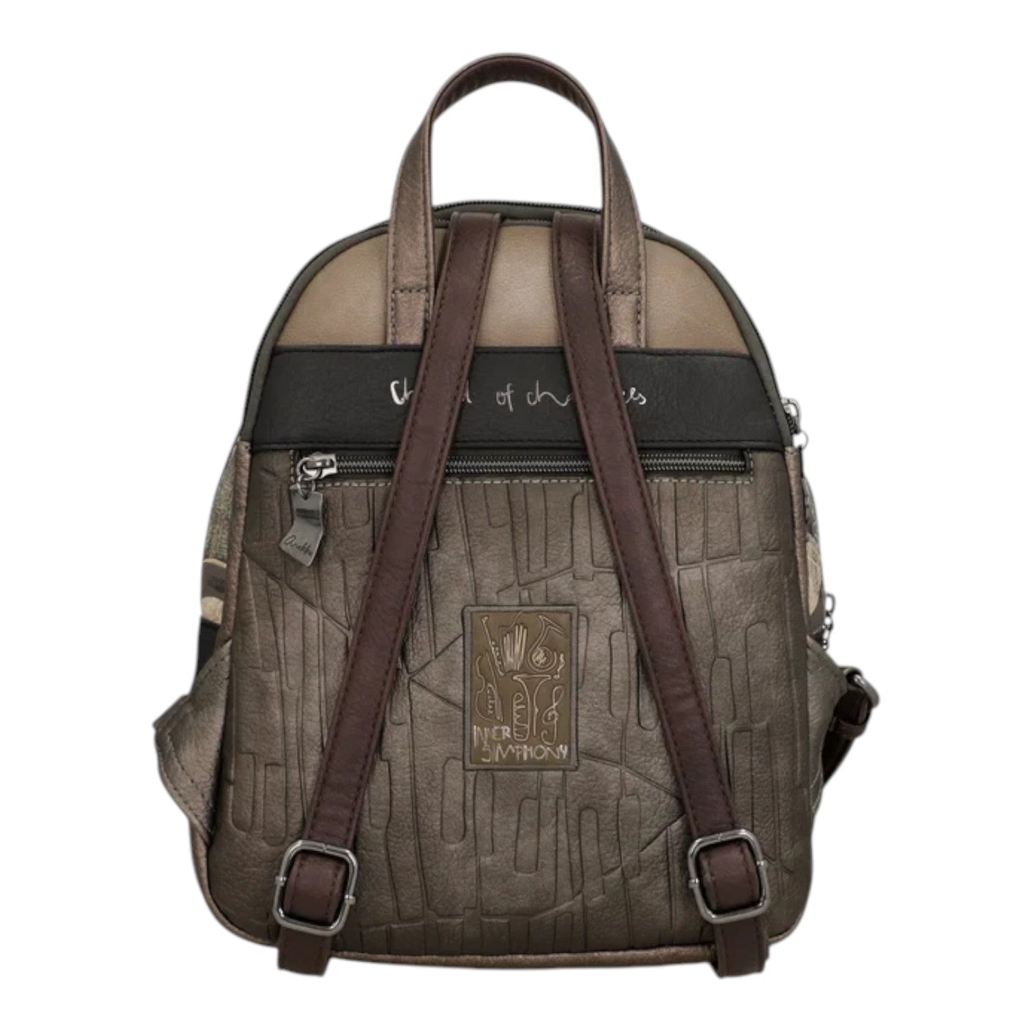 Lieblingstasche metallic bronze backpack with embossed musical instrument patterns and dark brown adjustable straps