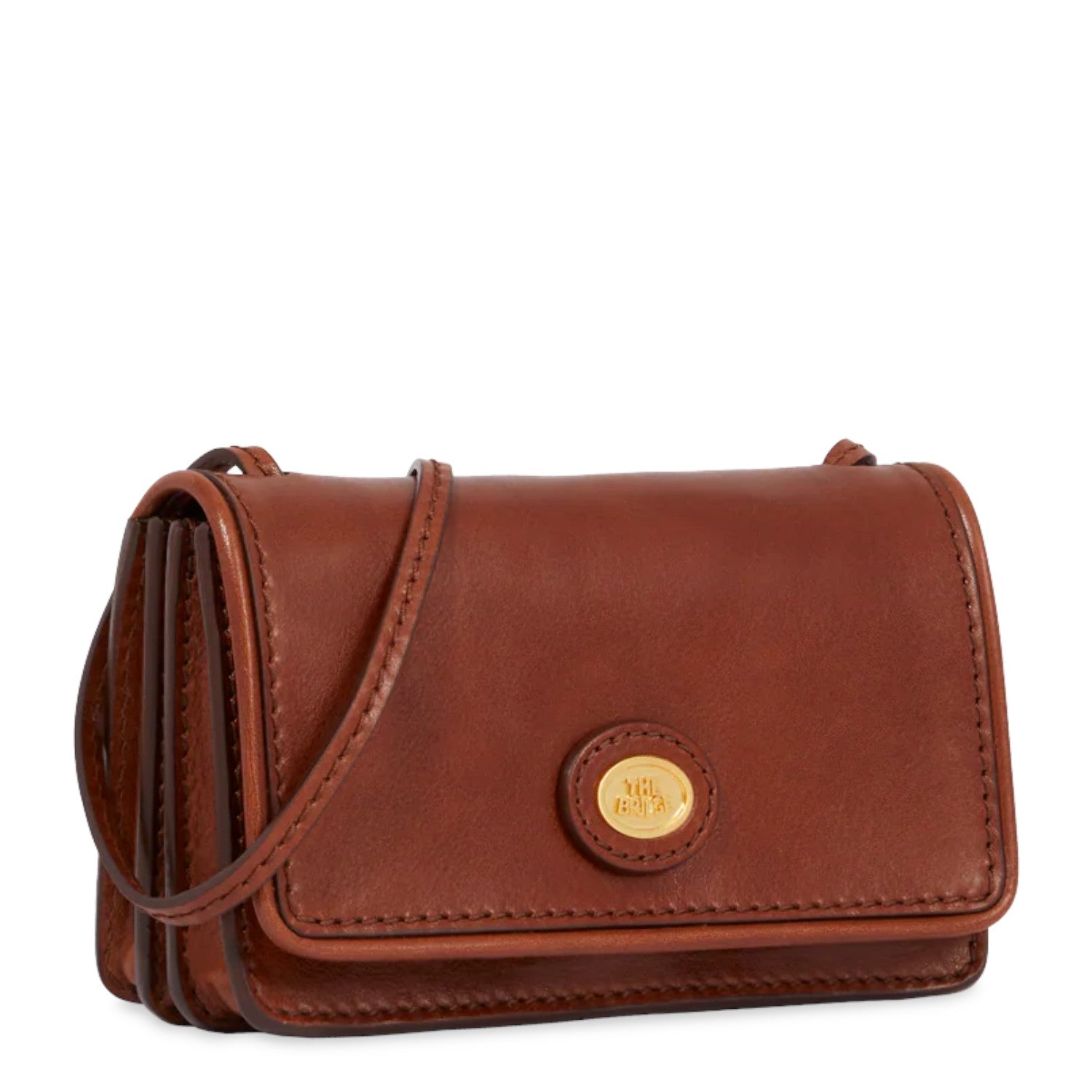 Lieblingstasche mini brown leather crossbody bag with gold emblem and thin strap.