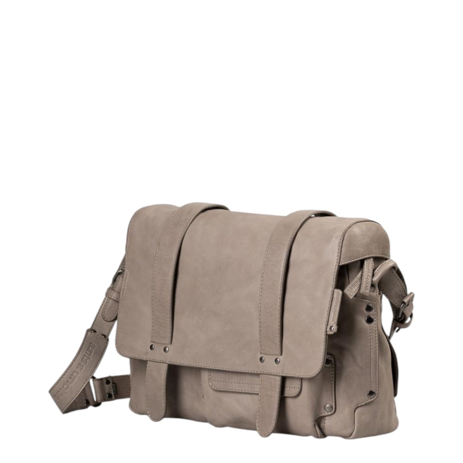 Lieblingstasche Miss Applepie grey leather messenger bag with dual strap flap closure and adjustable shoulder strap