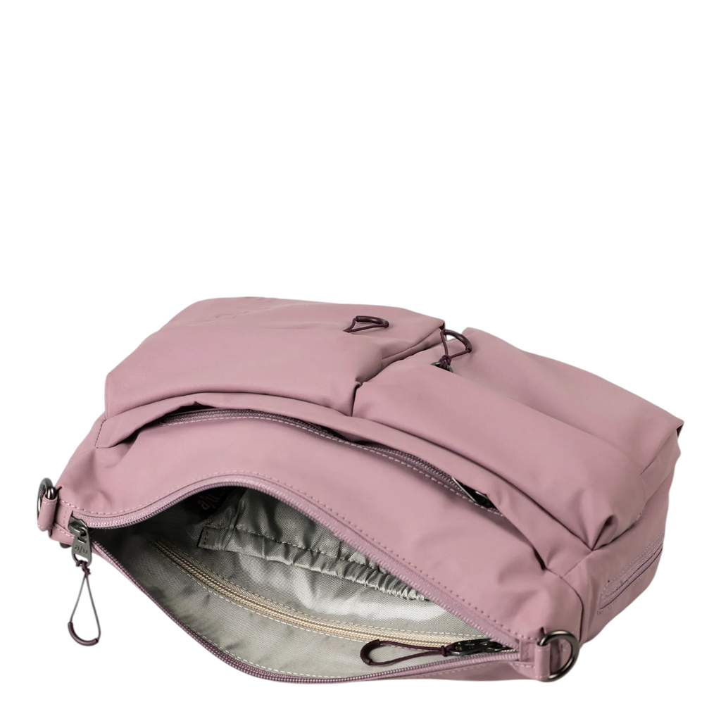 Lieblingstasche Mogami RE lite mauve nylon crossbody bag with multiple zippered pockets and internal compartments