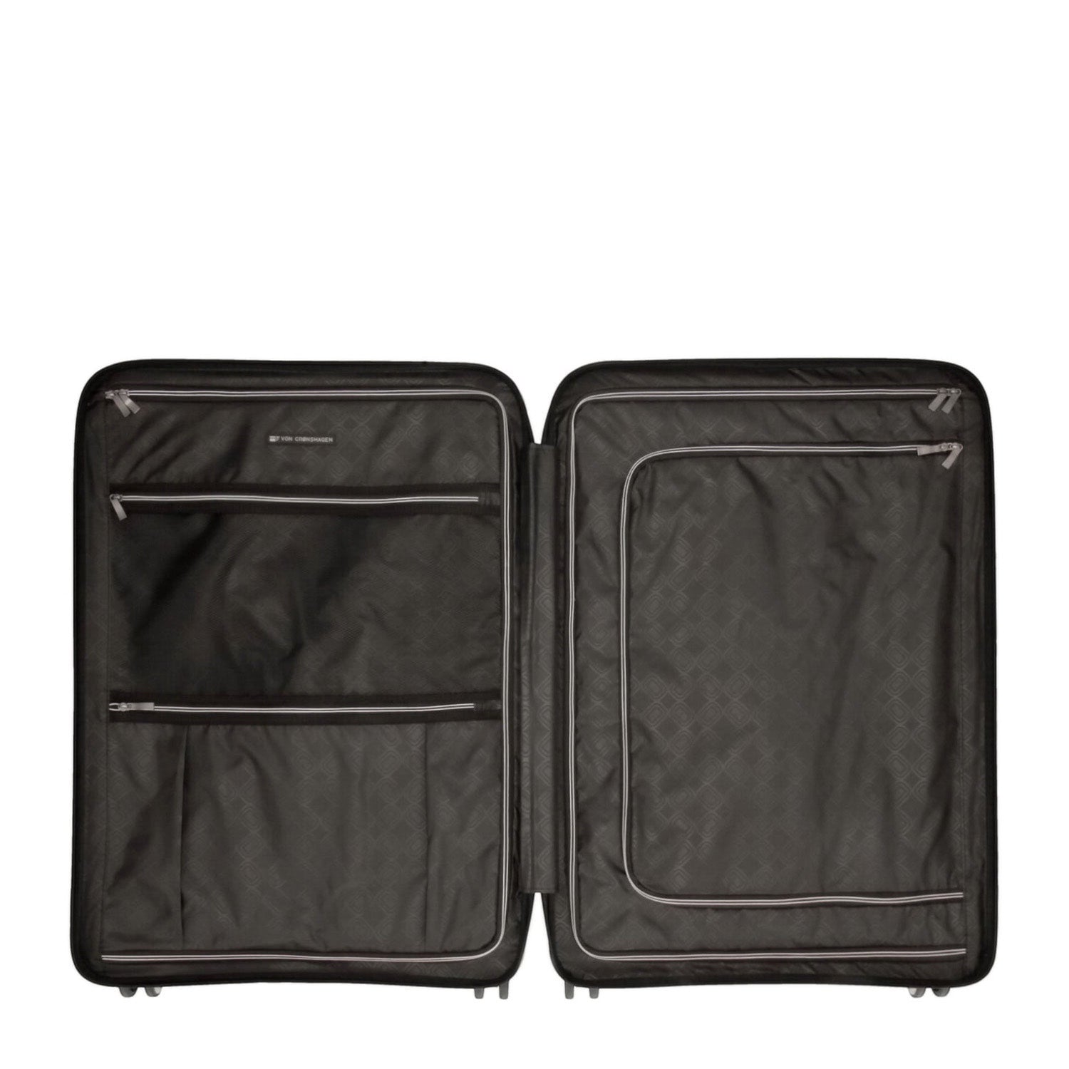 Lieblingstasche Mogens 4W Trolley L open, showing black interior with zippered compartments and straps.