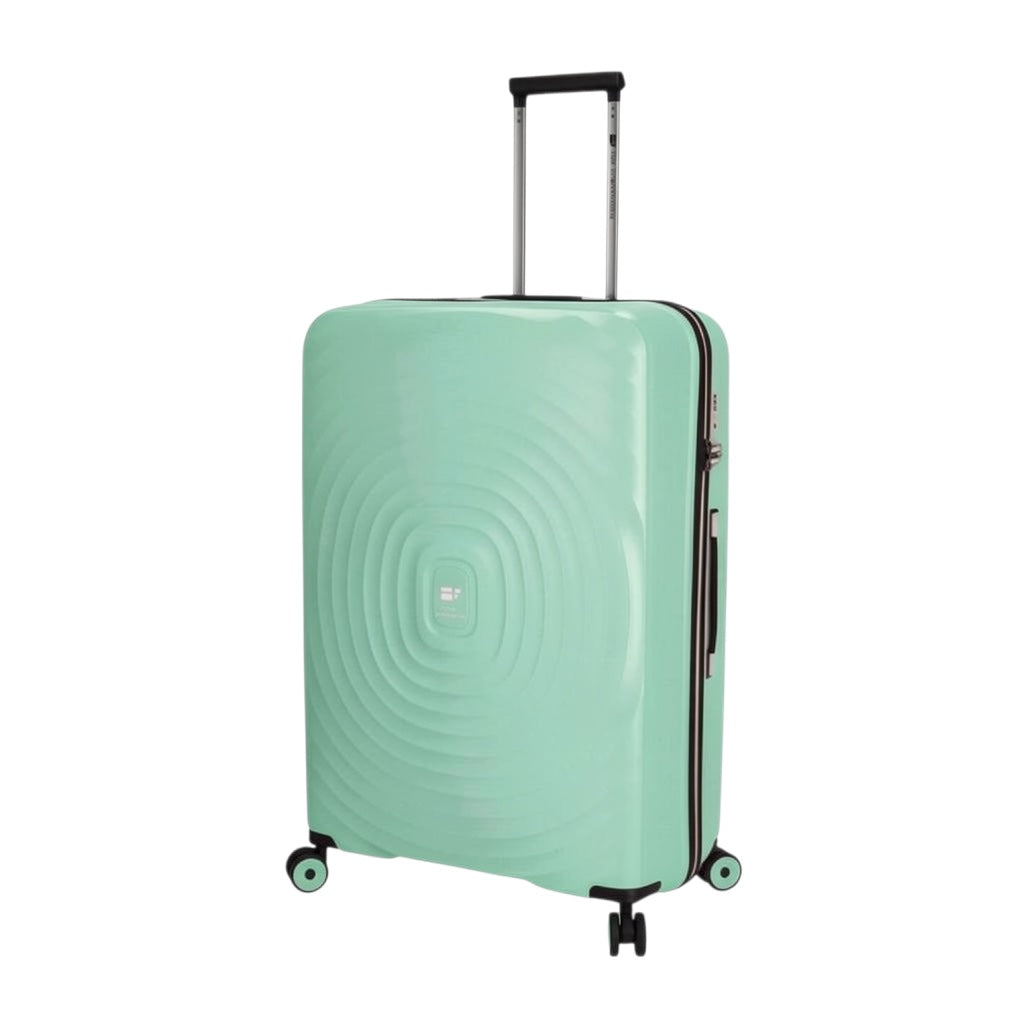 Lieblingstasche Mogens 4W Trolley L, large champagne suitcase with concentric circle pattern, TSA lock, and four spinner wheels.
