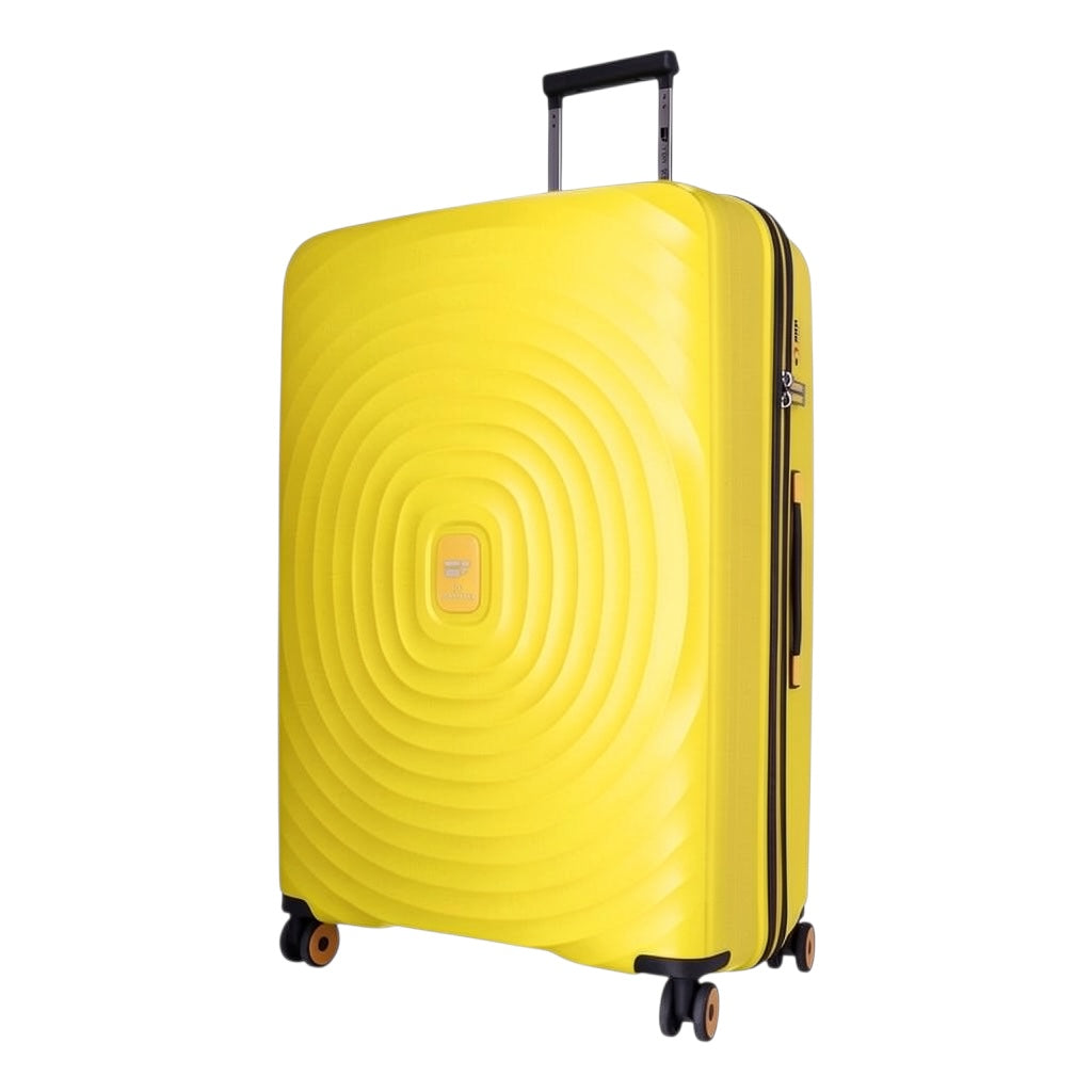 Lieblingstasche Mogens 4W Trolley L, large yellow suitcase with concentric circle pattern and TSA lock.