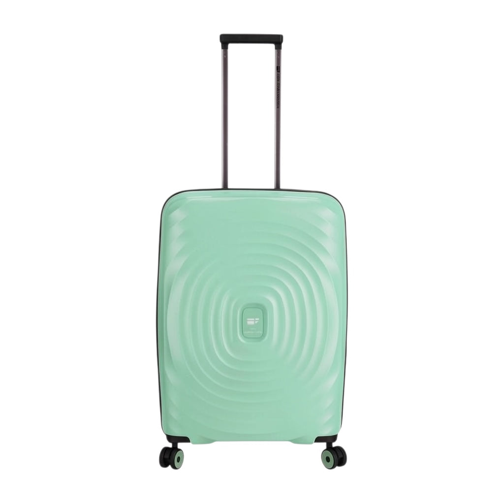 Lieblingstasche Mogens 4W Trolley M, a medium-sized, olive green, hard-shell suitcase with a textured, concentric circle pattern and TSA lock.