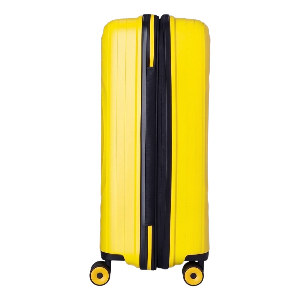 Lieblingstasche Mogens 4W Trolley M, medium yellow suitcase with black trim and TSA lock, ideal for week-long trips.