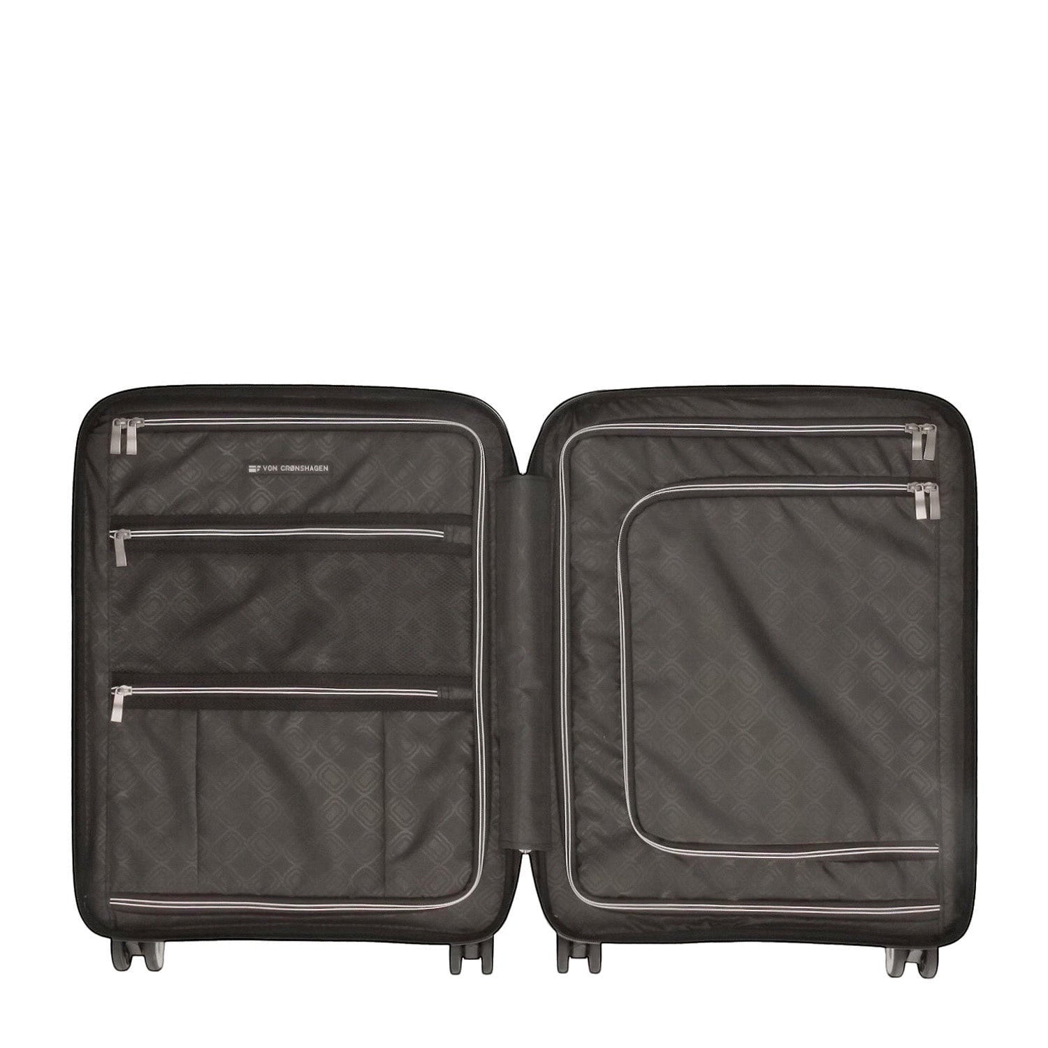 Lieblingstasche Mogens 4W Cabin Trolley S, black, open interior with multiple zippered compartments and elastic straps.