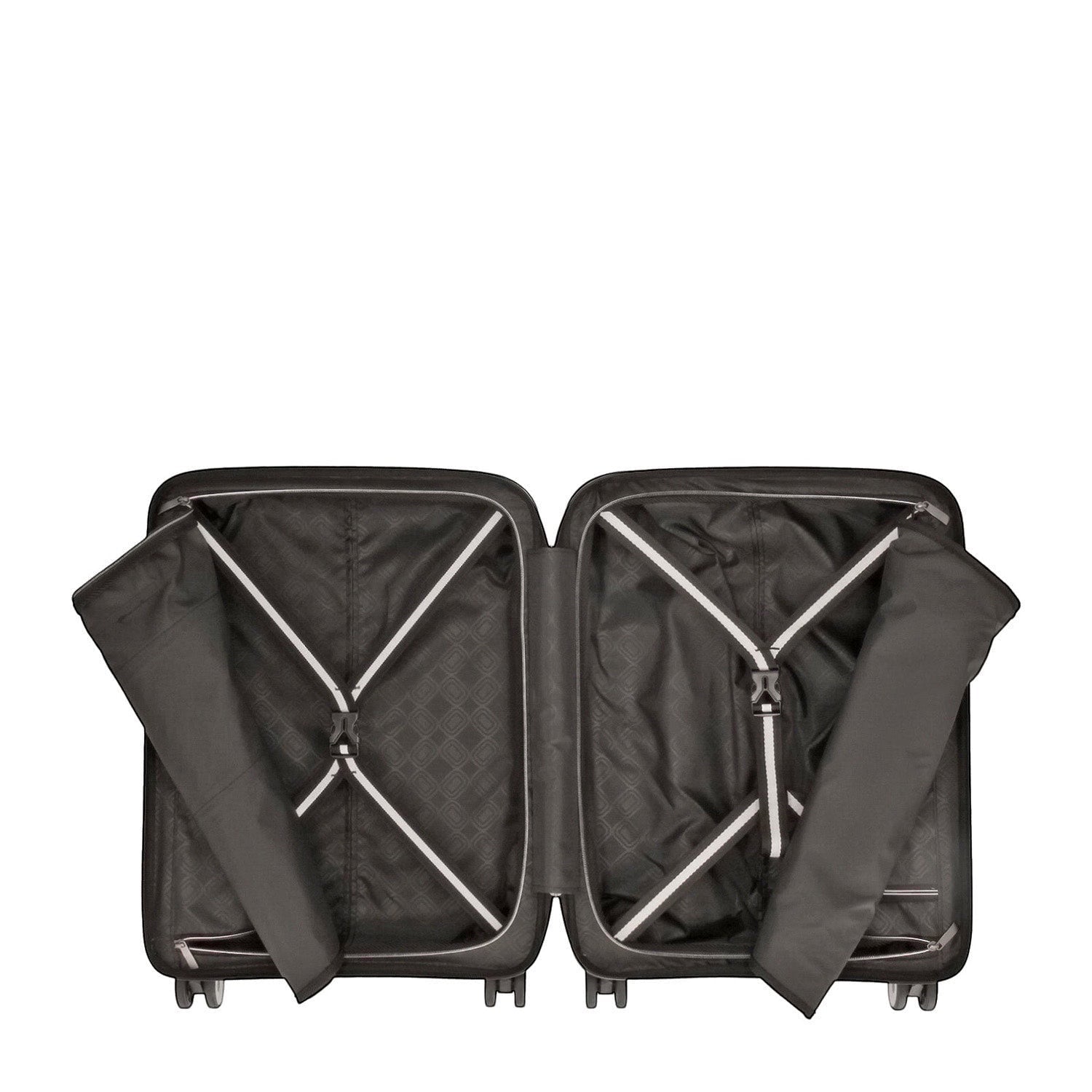 Lieblingstasche Mogens 4W Cabin Trolley S, open black suitcase with interior straps and zippered compartments.