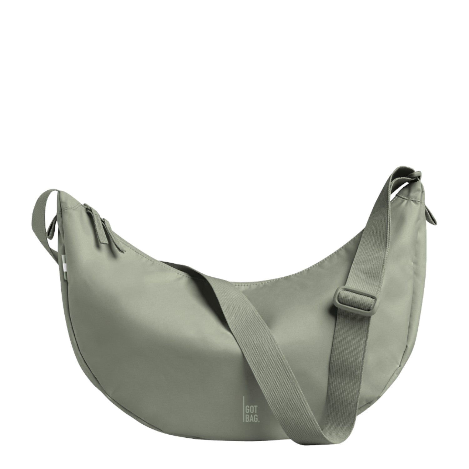 Lieblingstasche Moon Bag Large, a soft sage green crossbody bag made from recycled materials with adjustable strap and zip closure.