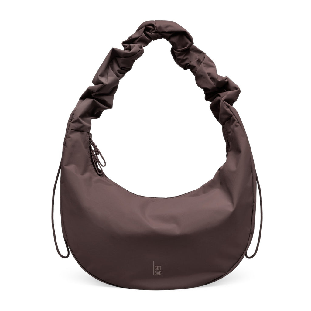 Lieblingstasche Moon Bag Ruffle Large in dark brown with a gathered shoulder strap and crescent moon silhouette.