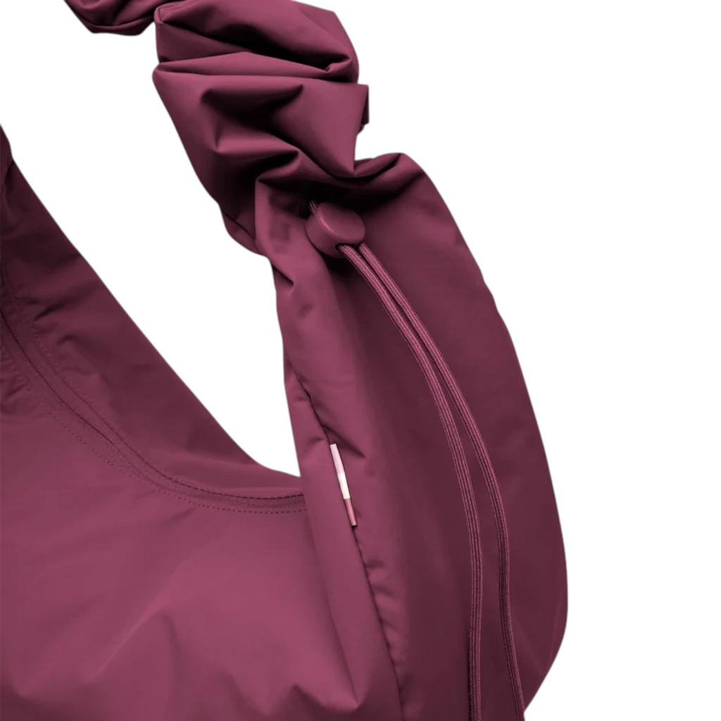Lieblingstasche Moon Bag Ruffle Large in deep berry purple with a gathered scrunchie-style shoulder strap