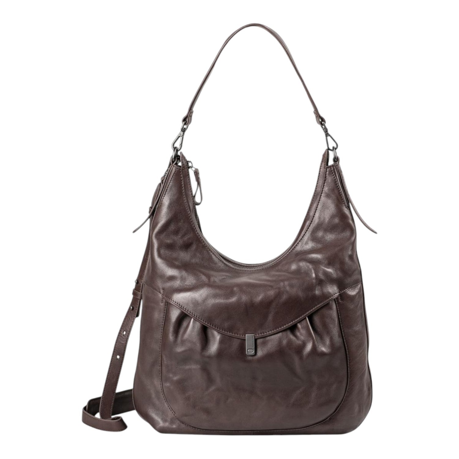 Lieblingstasche Mrs. Banoffee Pie dark brown leather hobo bag with a slouchy silhouette and front pocket detail.