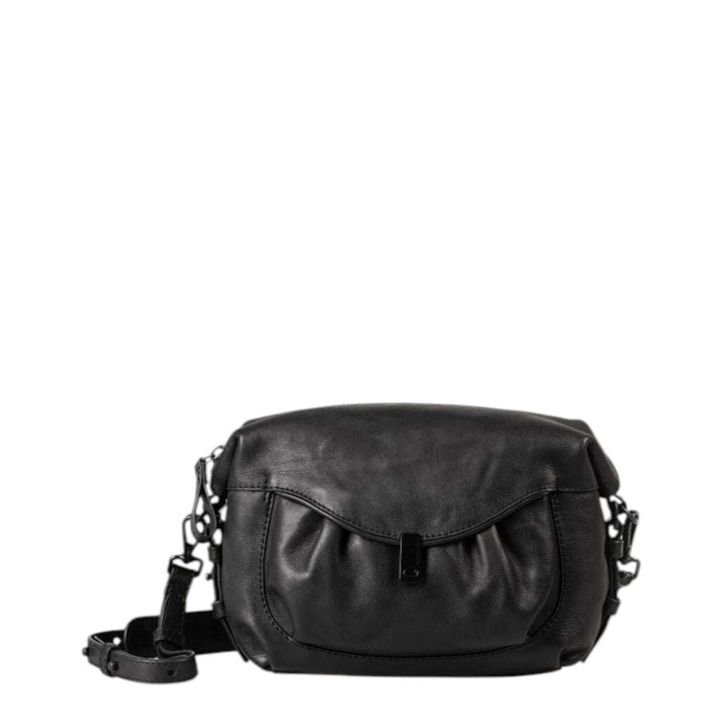Lieblingstasche Mrs. Cannoli black leather crossbody bag with a soft ruched front flap and adjustable shoulder strap.