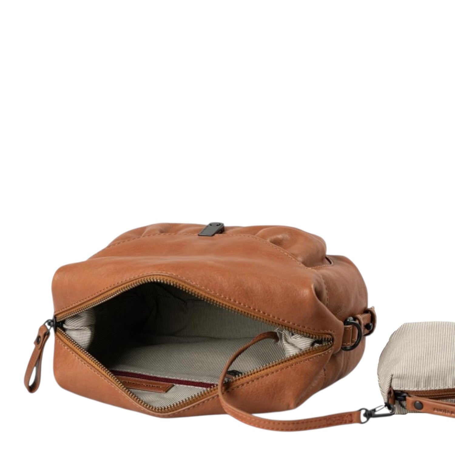Lieblingstasche Mrs. Cannoli brown leather crossbody bag with open top and striped interior lining