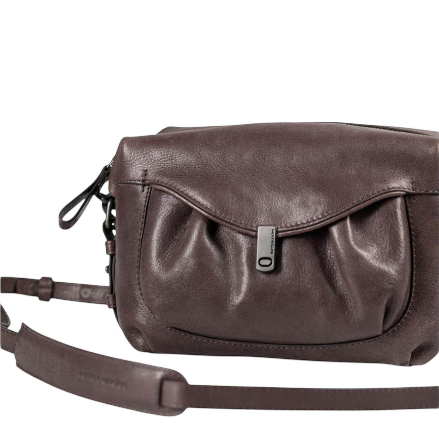 Lieblingstasche Mrs. Cannoli dark brown leather crossbody bag with a gathered flap and metal clasp closure.