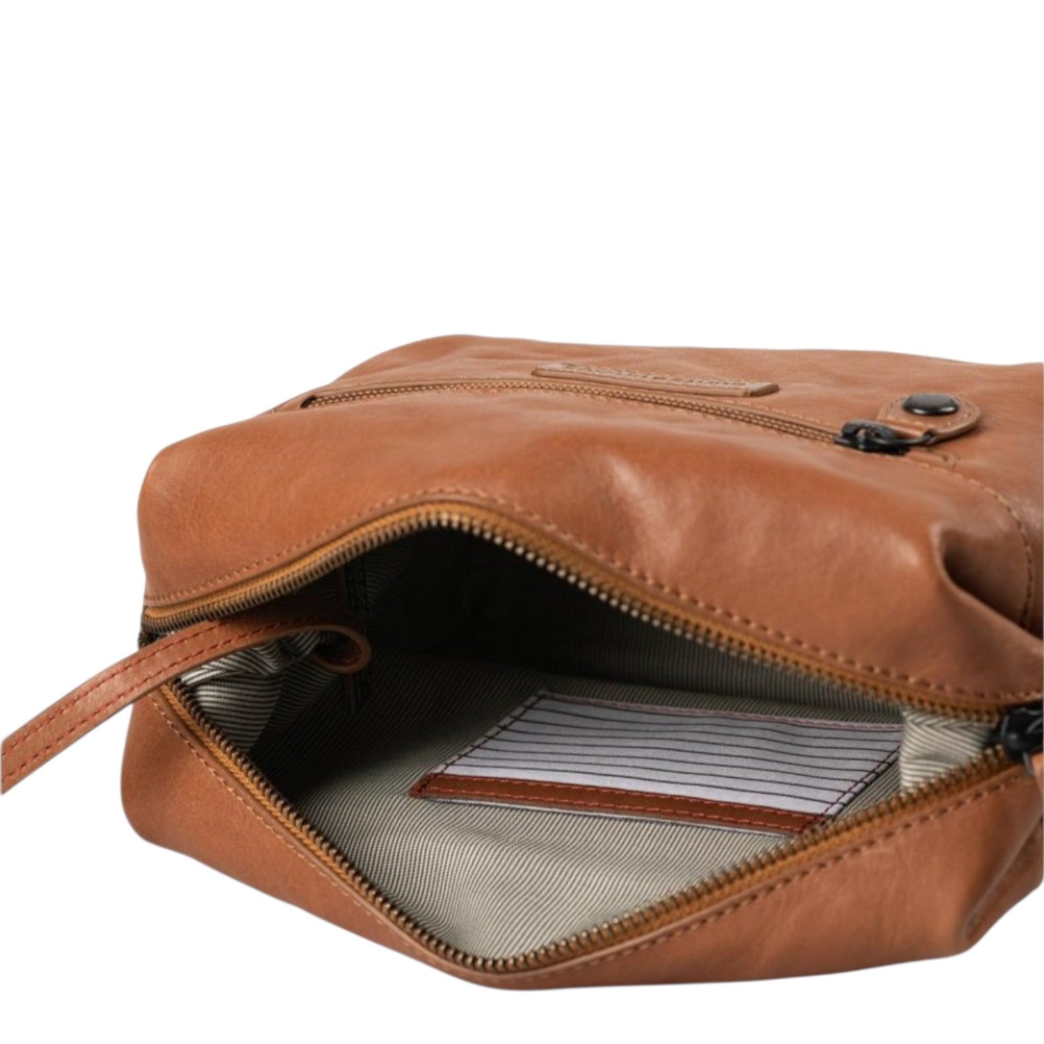 Lieblingstasche Mrs. Cannoli brown leather crossbody bag with open zippered compartment and striped fabric lining