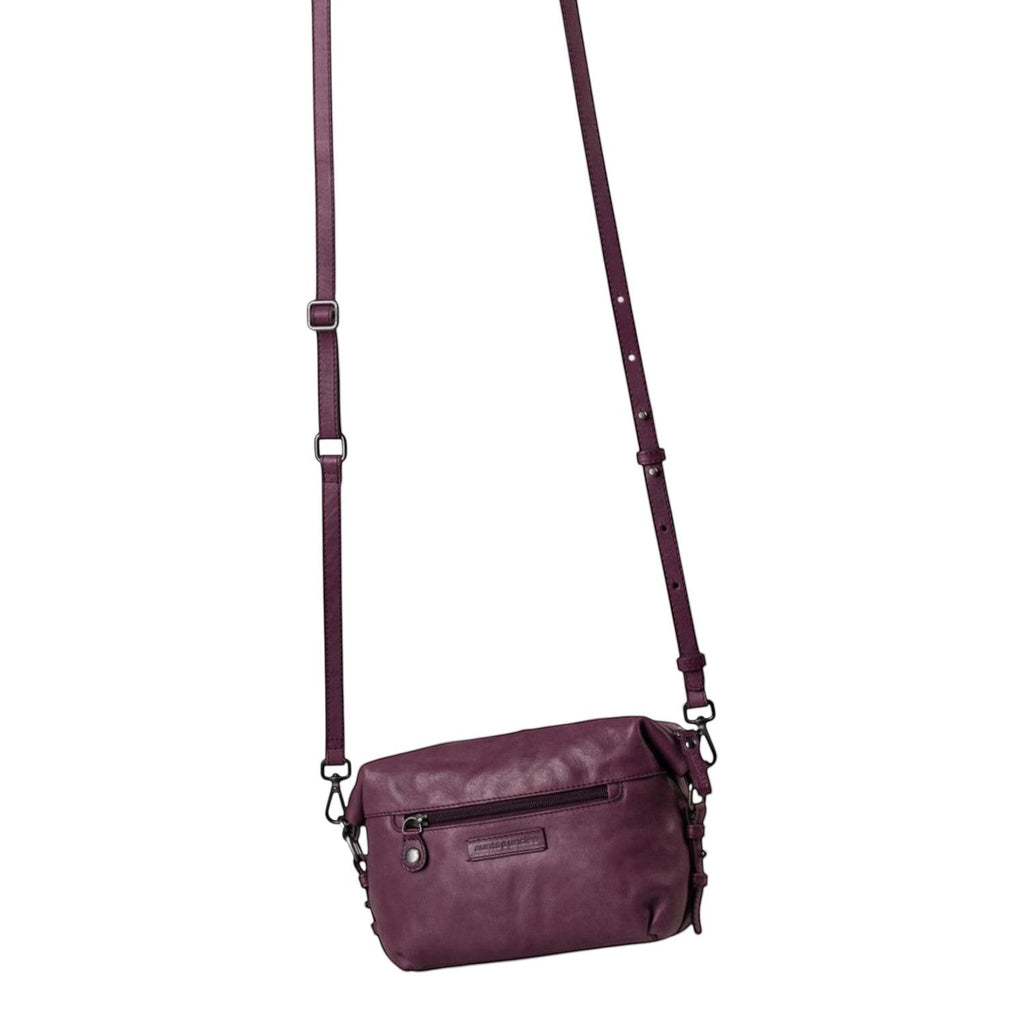 Lieblingstasche Mrs. Cannoli purple leather crossbody bag with adjustable strap and back zipper pocket