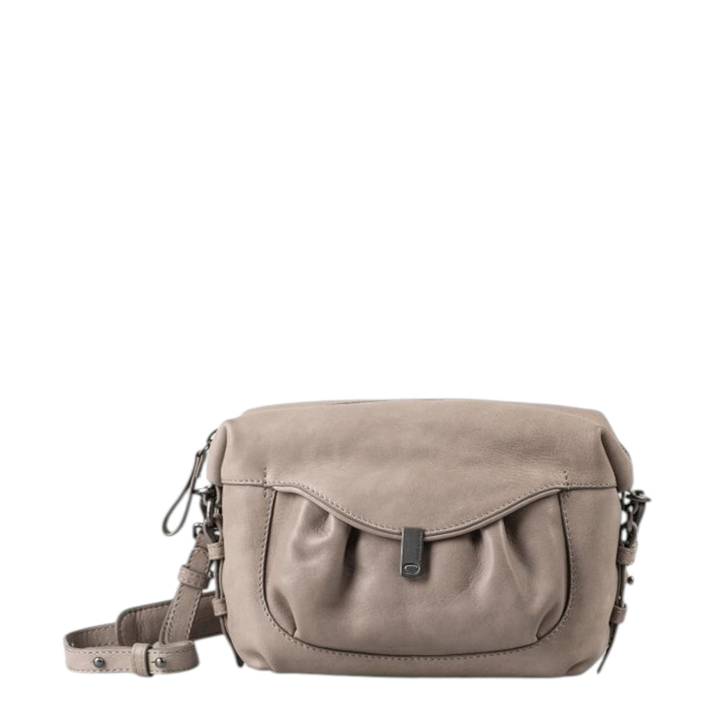 Lieblingstasche Mrs. Cannoli taupe leather crossbody bag with a ruched front flap and metal clasp closure