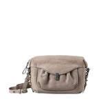Lieblingstasche Mrs. Cannoli taupe leather crossbody bag with a ruched front flap and metal clasp closure