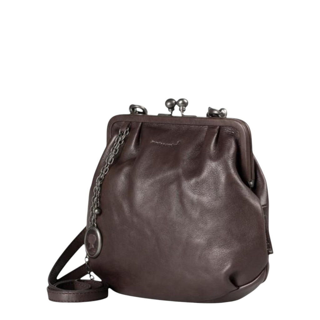 Lieblingstasche Mrs. Fortune Cookie dark brown leather handbag with a vintage-style kiss-lock clasp and chain detail.