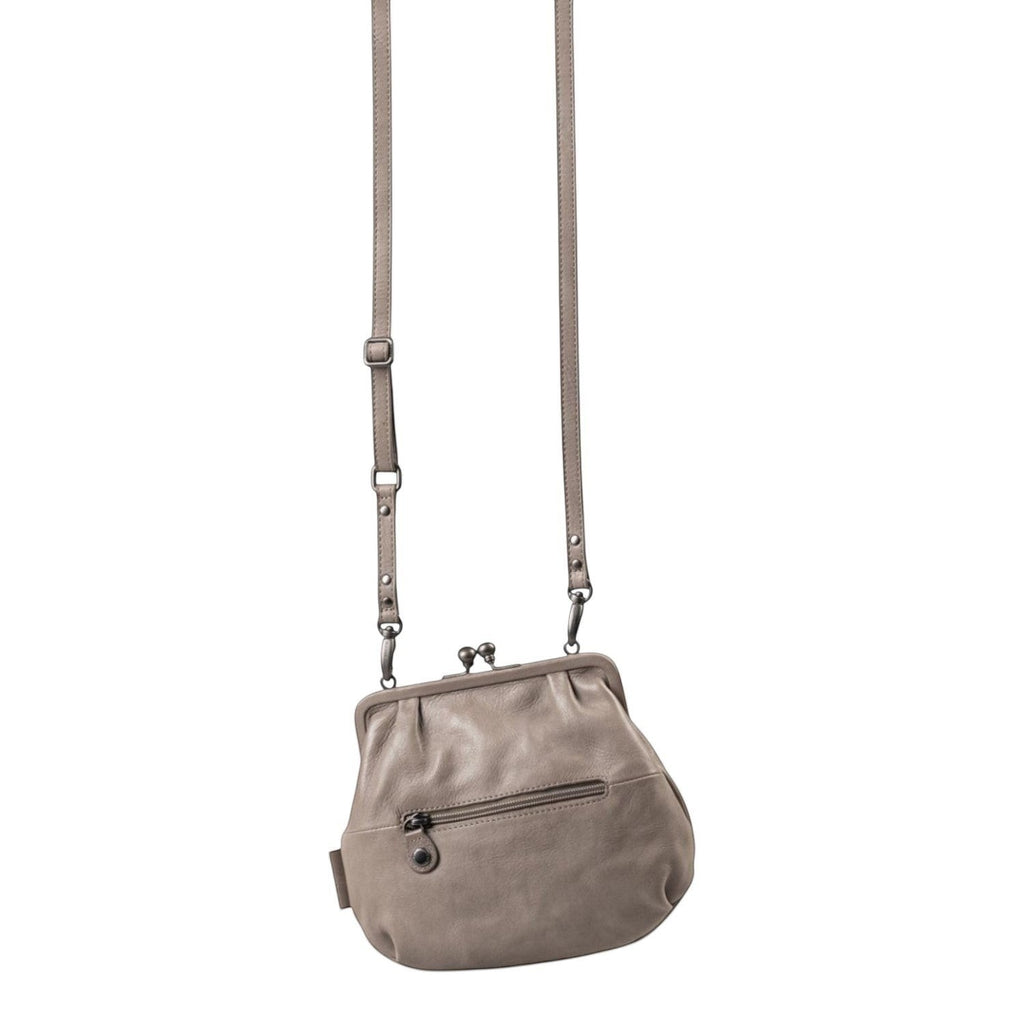 Lieblingstasche Mrs. Fortune Cookie taupe leather crossbody bag with kiss-lock closure and back zipper pocket