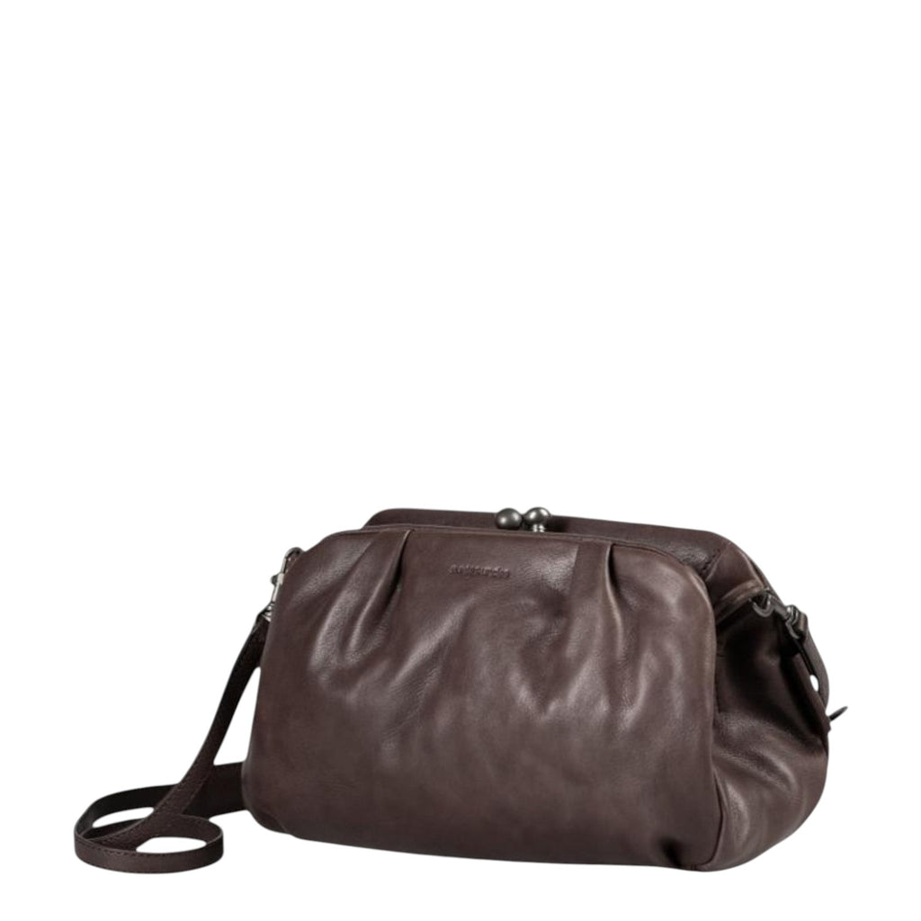 Lieblingstasche Mrs. Frosting dark brown leather handbag with a vintage-style kiss-lock clasp and shoulder strap.