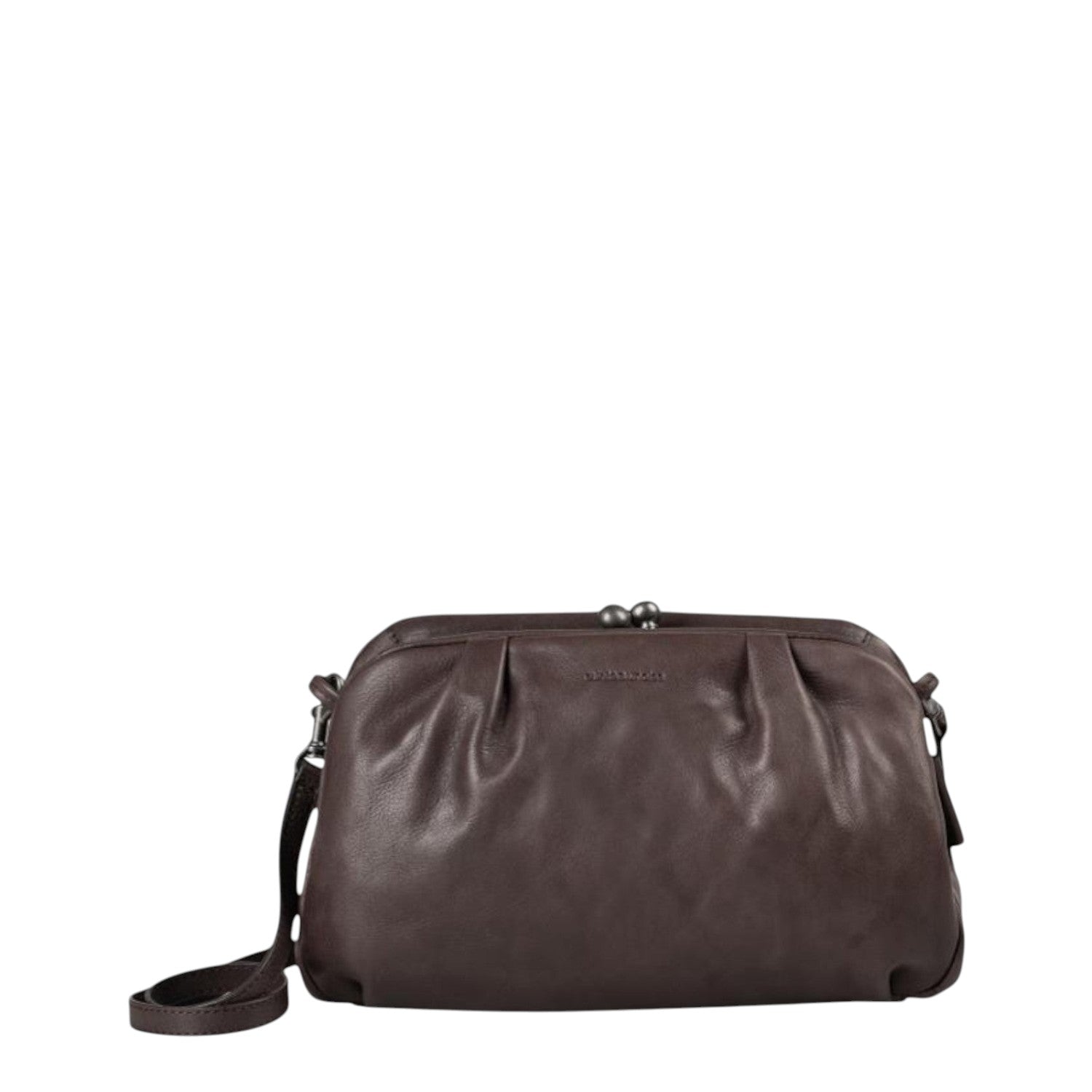 Lieblingstasche Mrs. Frosting dark brown leather handbag with a vintage-style kiss-lock clasp and shoulder strap.