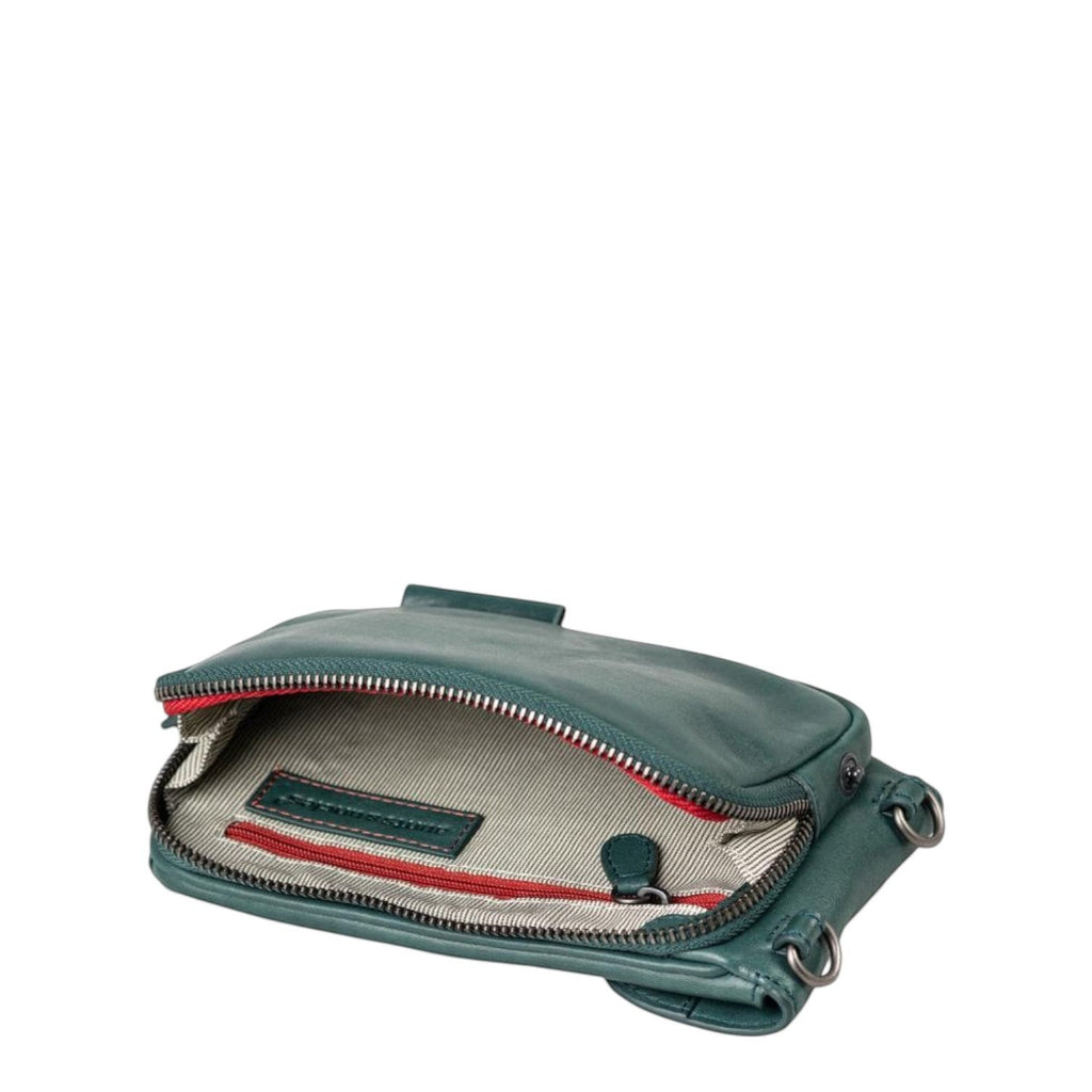 Lieblingstasche Mrs. Lemon Twist dark green leather crossbody bag with open zipper and striped interior lining