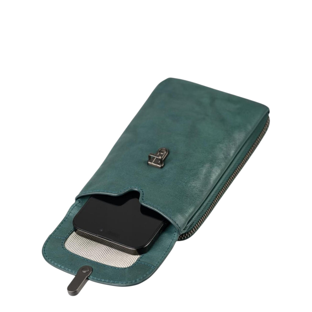 Lieblingstasche Mrs. Lemon Twist dark green leather smartphone bag with a secure metal clasp and striped lining