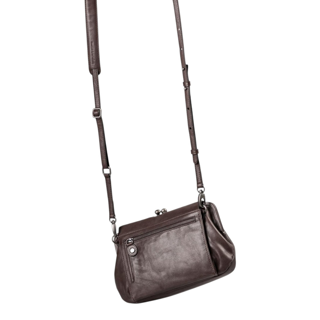 Lieblingstasche Mrs. Madeline dark brown leather crossbody bag with a vintage-style kiss-lock clasp and zipper pocket.
