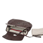 Lieblingstasche Mrs. Madeline dark brown leather handbag with open interior and matching striped pouch