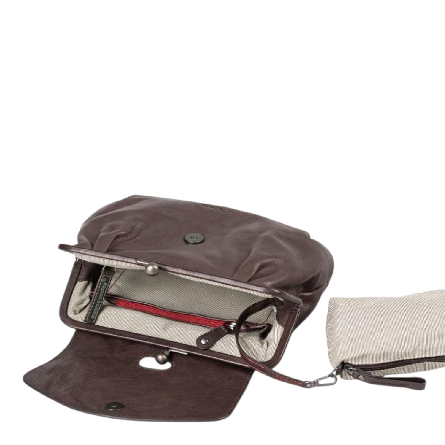 Lieblingstasche Mrs. Madeline dark brown leather handbag with open interior and matching striped pouch