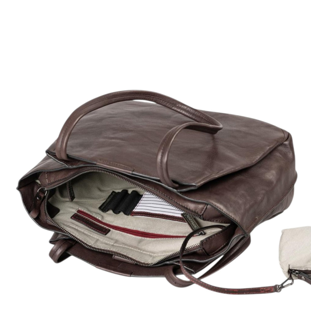 Lieblingstasche Mrs. Pavlova dark brown leather handbag with open top, striped interior lining, and small pouch