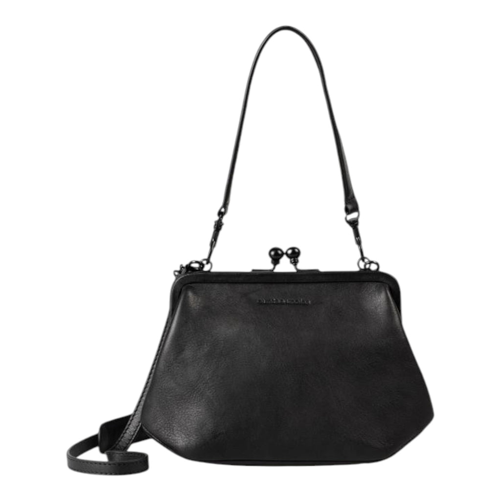 Lieblingstasche Mrs. Pizzelle black leather handbag with a vintage-style kiss-lock clasp and shoulder strap.