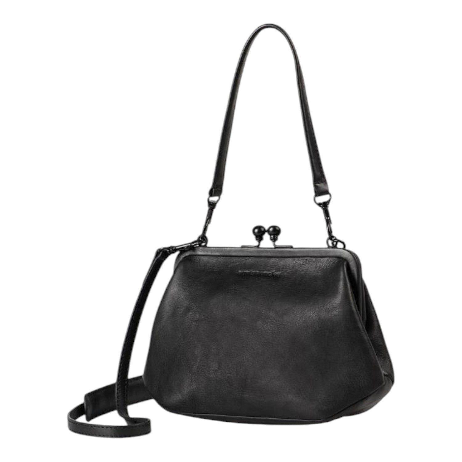 Lieblingstasche Mrs. Pizzelle black leather handbag with a vintage-style kiss-lock clasp and adjustable shoulder strap
