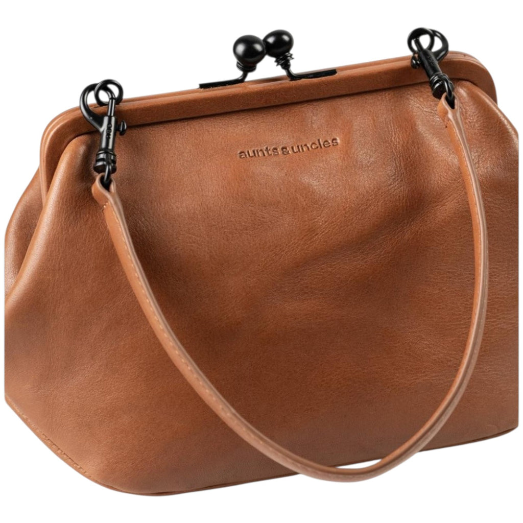 Lieblingstasche Mrs. Pizzelle brown leather handbag with a vintage-style kiss-lock clasp and black hardware.
