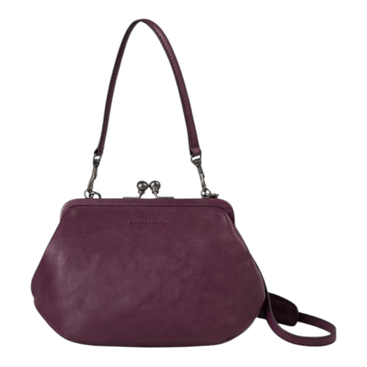 Lieblingstasche Mrs. Pizzelle purple leather handbag with a vintage-style kiss-lock clasp and shoulder strap.