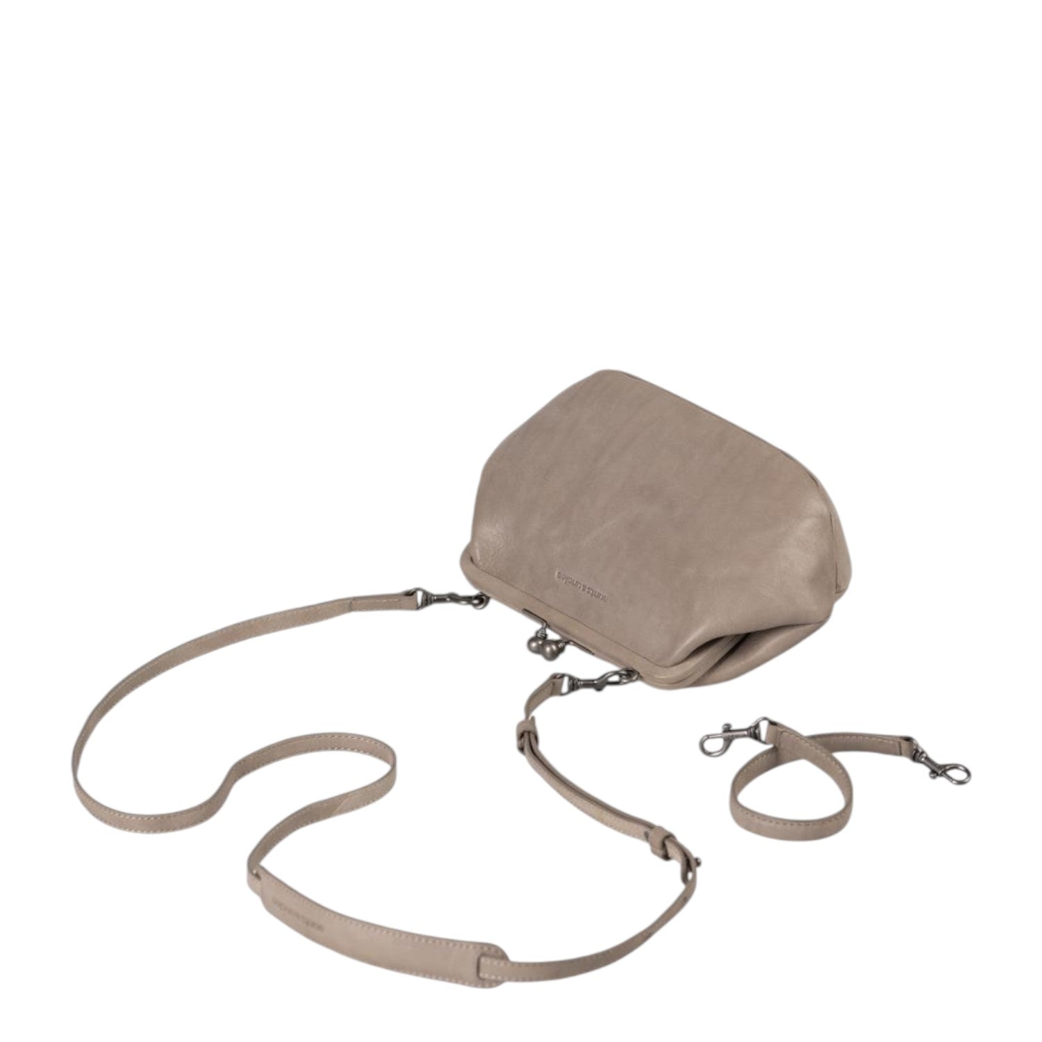 Lieblingstasche Mrs. Pizzelle taupe leather crossbody bag with a vintage-style kiss-lock clasp and shoulder strap.